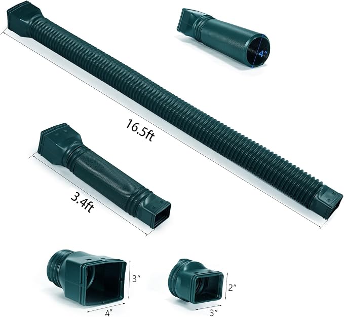 plusgutter 16.5ft Long Gutter Downspout Extensions Flexible, 4" Diameter Drain Downspout Extender, Down Spout Drain Extender for Rainwater Drainage, Extendable from 3.4ft to 16.5ft(1Pack Green)