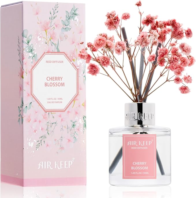 Reed Diffuser Set,1.69 fl oz (50 ml) - Cherry Blossom Oil Diffusers with 8 Reed Sticks,Home Fragrance Reed Diffuser for Bathroom Shelf Decor