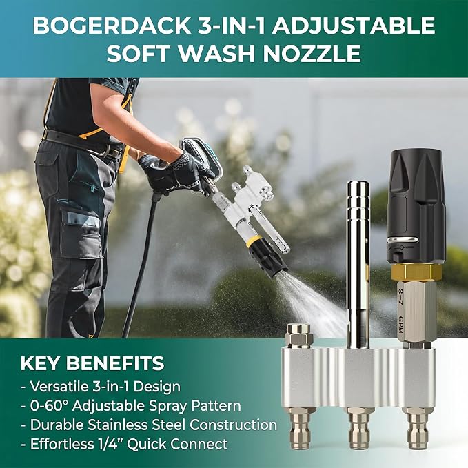Stainless Steel 3-in-1 Downstream Soft Wash Nozzle, M5 Twist Shooter Tip with 1/4" Quick Connect, 0° to 60° Adjustable Spray Pattern for Pressure Washer 3-7 GPM – for Roofs, Siding, Vehicles