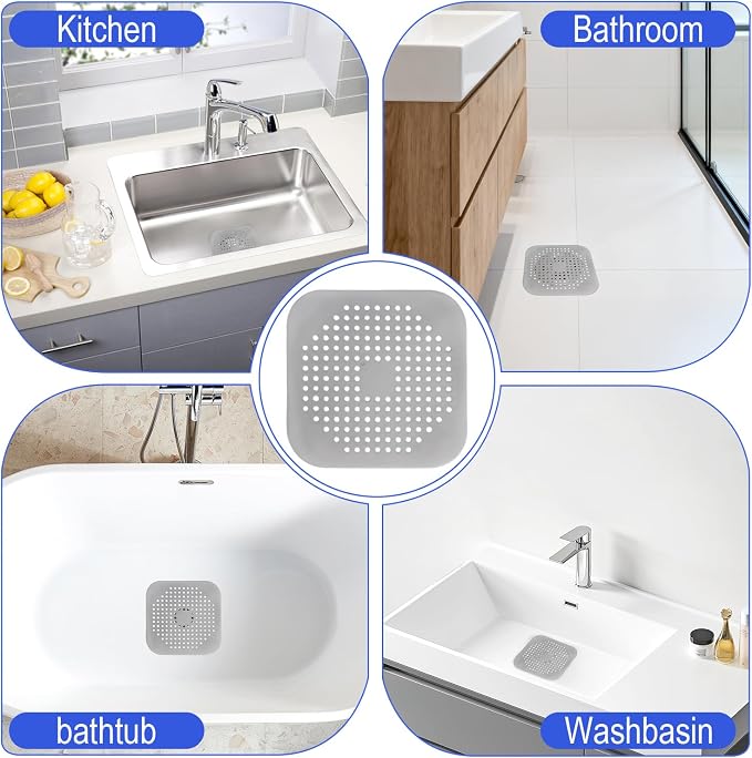 Bathtub Drain Hair Catcher 4 Pack, Silicone Stopper with Suction Cup | Fits shower & kitchen sink drains, prevents clogs, reusable, easy to clean, durable, grey, fits flat & square drains