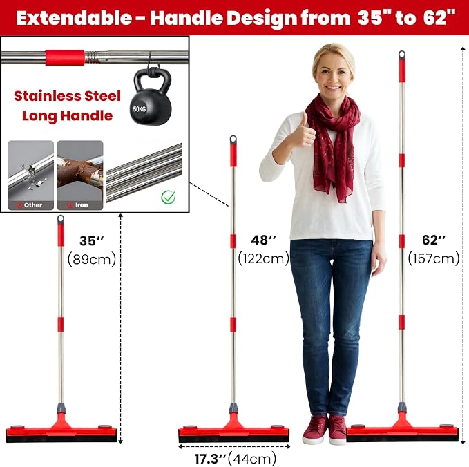 Floor Squeegee with 2 Replaceable Heads and Extendable 62" Long Handle | Double the Lifespan, 17" EVA Foam Blade, for Garage, Concrete, Tile, Patio, Pool, Shower & Uneven Surface Cleaning
