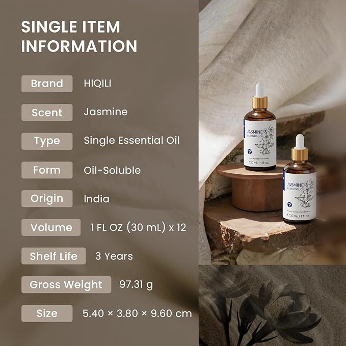 HIQILI Jasmine Essential Oil Set for Skincare, Diffuser & DIY Making | Bulk Wholesale Supply for Spas, Salons, Hotels & Homestays, Ideal for Spa, Sauna and Gift - 12 Bottles / 1 Fl Oz Each