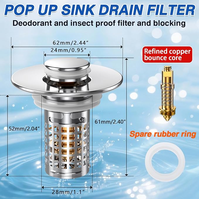 Bathroom Sink Stopper, Pop-up Sink Drain Strainer with Removable Stainless Steel Strainer Basket Hair Catcher, Bathroom Sink Strainer for Bathroom Sink Stopper (2PCS)