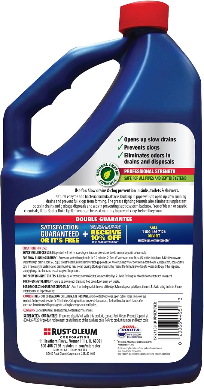 Roto-Rooter Build-Up Remover Drain Cleaner, Enzyme-Based Formula Helps Prevent Clogs and Grease Buildup, Removes Odor, Safe for Septic Systems, Pipes, Toilets, Drains and Sinks, 64 oz (Pack of 2)