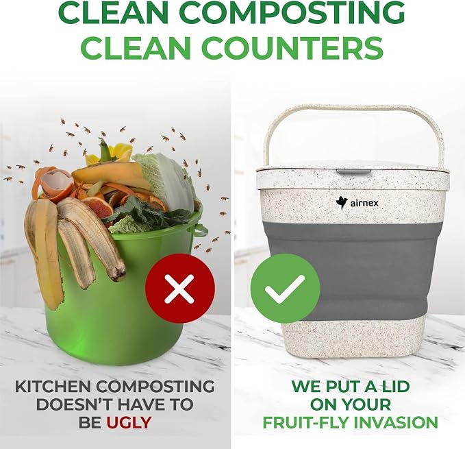 Collapsible Compost Bin Kitchen Counter Caddy - 1 Gallon Countertop Compost Bin with Lid Made of Wheat Straw - Odorless Kitchen Compost Bin Countertop with 20 Compost Bags and 2 Carbon Filters