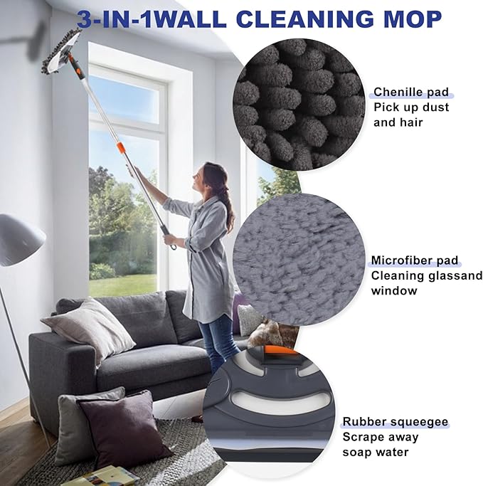 Wall Cleaner Mop with 79 Inches Long Handle, 360° Wall Washer Cleaner Tool for Walls/Ceiling Fans/Dust/Baseboard/Floors Clean, Ceiling Cleaner Tool Duster with Squeegee 6 Replacement Pads