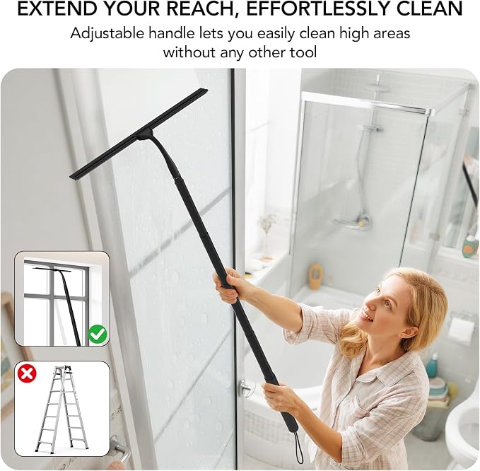 Shower Squeegee for Glass Doors, Telescopic Squeegee for Window Cleaning | 15-51" Shower Squeegee with Long Handle, Extendable Window Cleaner Tool for Tile Walls, Sliding Door, Floor, Car Windshield