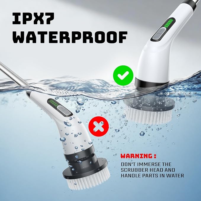 Electric Spin Scrubber, 2-Speed Cleaning Brush, Extendable Handle (White) | Includes 7 reusable brush heads and an IPX7-rated design for cleaning bathrooms, showers, kitchens, tile, floors, and grout