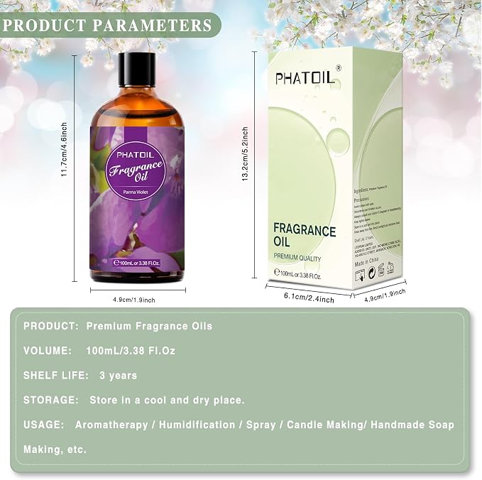 PHATOIL Parma Violet Fragrance Oil for Diffuser Aromatherapy 3.38FL.OZ | Long Lasting Scented Oils For Humidifier, Air Freshener, DIY Soap Candle, Scent Project Making, Aroma Oil for Home Freshening