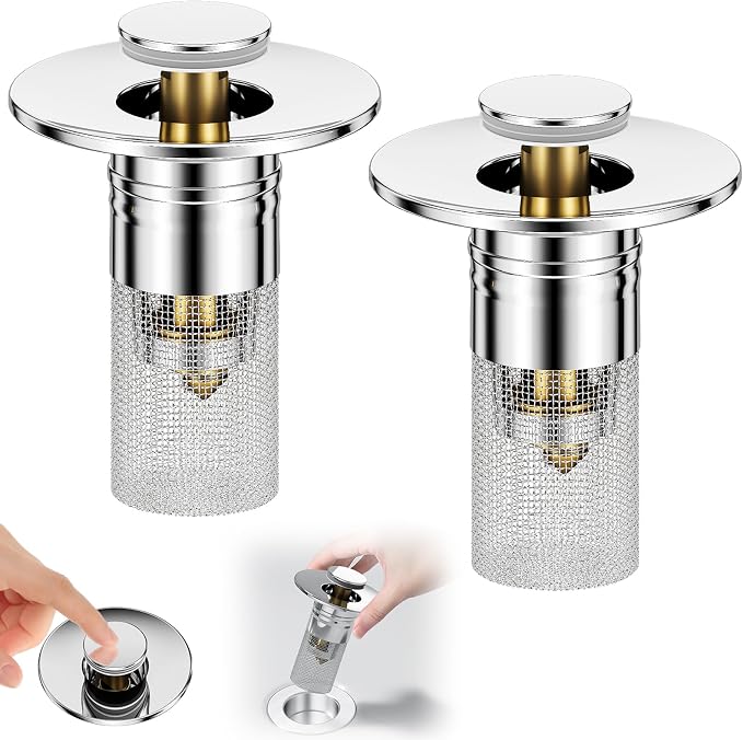 Vodolo 3 in 1 Sink Drain Strainer with Hair Catcher,2PCS Stainless Steel Popup Sink Stopper with Basket for Bathroom Kitchen Shower,Pop-up Bounce Core Floor Basin Drain Filter,Replacement Sink Plug