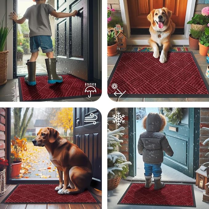 Smiry Front Door Mat Outside Entrance, Heavy Duty Outdoor Indoor Mat, Natural Rubber Doormat, Non Slip, Trap Dirt and Moisture, Easy Clean, Low Profile Patio Porch Entryway Mat, 47x23, Wine Red