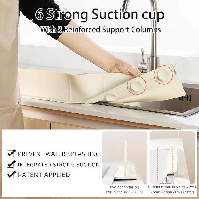 18" Upgraded Silicone Sink Splash Guard Released in 2026,Self-Draining Water Splash Guard for Kitchen Sink,Bathroom and Kitchen Island,with 3.5" High Splash Guard & 6 Strong Suction Cup (Beige)
