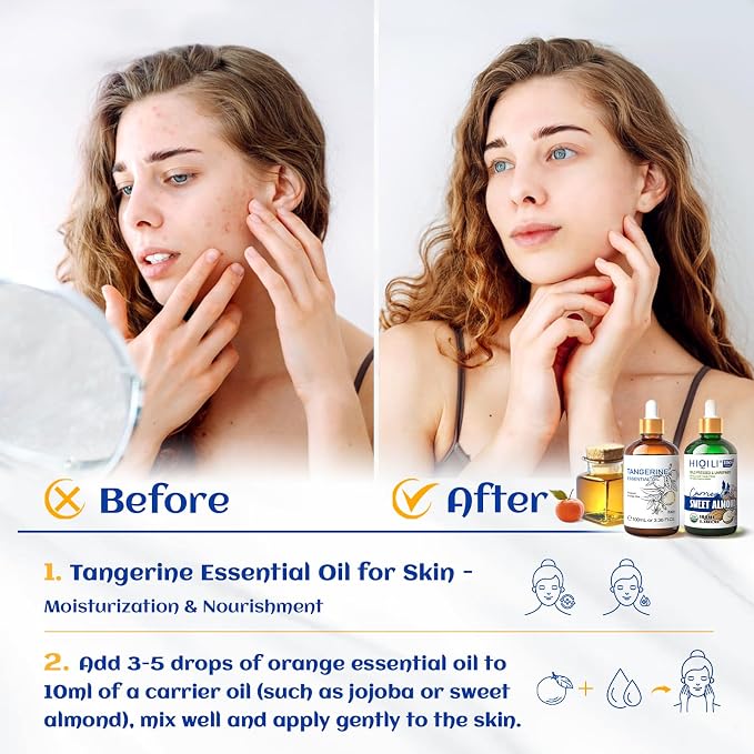 HIQILI Tangerine Essential Oil for Aromatherapy, Skin Care, Diffuser, | Blends with Body Lotion, Shampoos, Diffuser, Ideal for Candle & Soap Making Scent - 100mL / 3.38 fl oz