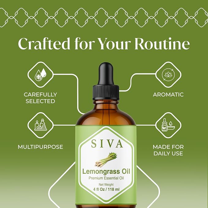 Siva Lemongrass Essential Oil, Glass Bottle with Dropper, 4 Fl Oz (118 ml) | Lemongrass Oil for Diffuser, Humidifier, Home Fragrance, Room Spray, Skin, Body Massage, Soap Making, Candle Making & DIY