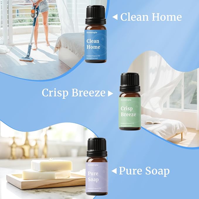 Diffuser Fragrance Oils, Aromtopia Essential Oils for Diffusers for Home, 6x10ml Fresh Home Set, Clean Scents for Candle Soap Making, Dryer Ball, Fresh Linen, Crisp Breeze, Fresh Laundry, Lemon
