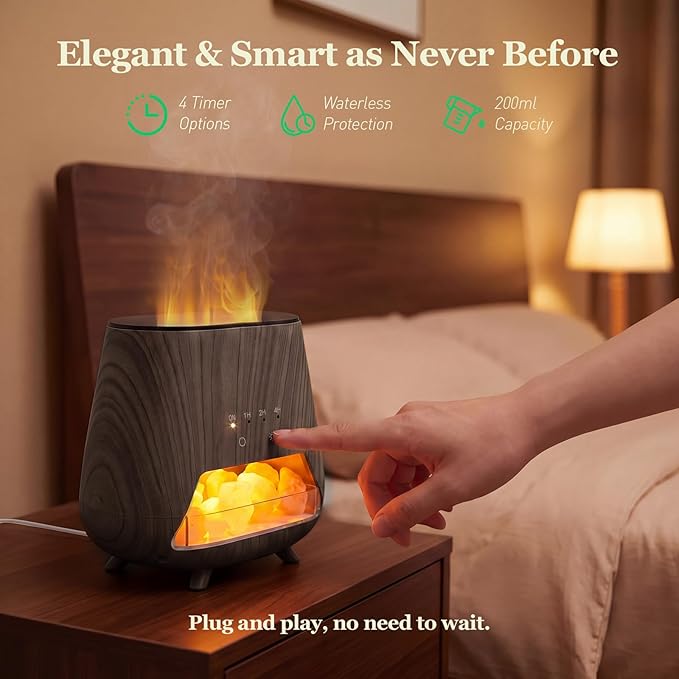 Essential Oil Diffuser for Home: 𝟒-in-𝟏 Himalayan Salt Lamp(Black) | Aromatherapy Diffuser with 𝟗-𝐂𝐨𝐥𝐨𝐫 Flame LED - 200ml Cool Mist Humidifier - Auto Off for Bedroom, Office & Yoga
