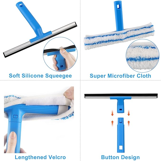 Window Cleaner with Long Handle(57IN), Glass Cleaning Tools with Silicone Squeegee & Microfiber Scrubber, Window Cleaning Kit for Shower Glass Mirror Door Car | Glass Cleaning Tools Extendable, Silicone Squeegee & Microfiber Scrubber, Telescopic Window...