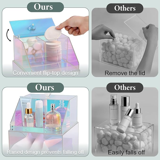 Disposable Facial Towels Storage Double Layer Acrylic Box, Glossy Rainbow | Face Towelettes Holder with Clean Skin Club Clean Towel XL Cotton Pads Container Qtip Bin for Bathroom Counter