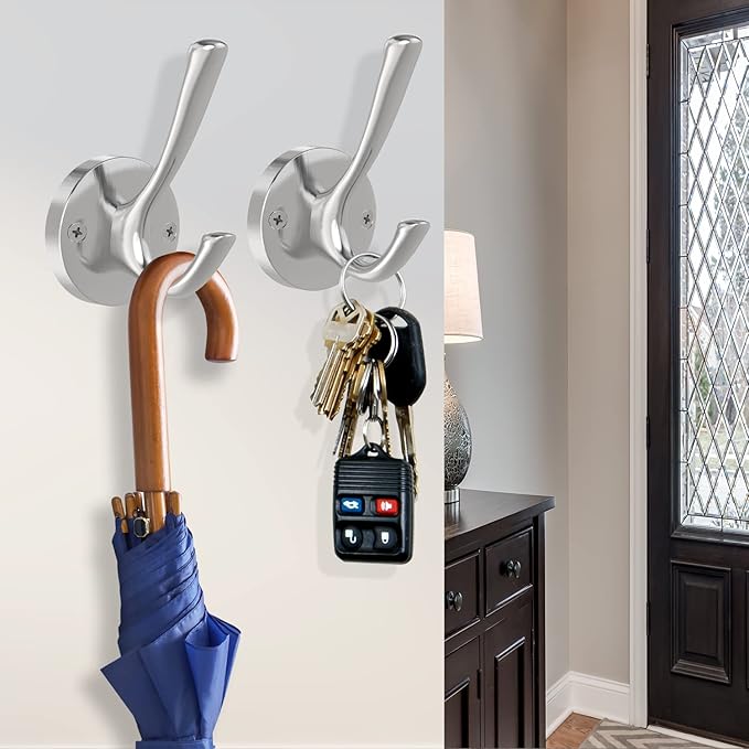 Brushed Nickel Wall Hooks, 6 Pack Coat Robe Hook Heavy Duty Metal Double Bath Hook Wall Mounted, Hand Towel Hooks for Cubicle Bathroom Kitchen Closet Garage