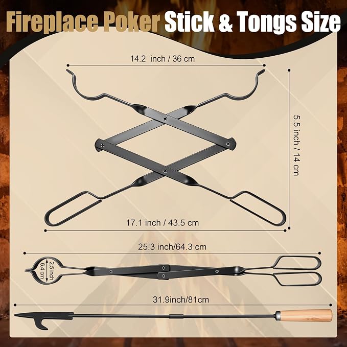 Patelai 7 Pcs Heavy Duty Fireplace Tool with 1.5gl Metal Ash Bucket with Lid Shovel Broom Wood Fire Pit Bellows 32" Long Fire Poker 26" Fireplace Tong, Glove(Slender)