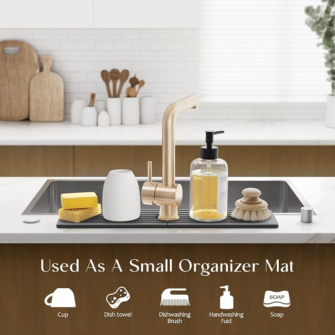 Large Faucet Mat for Kitchen Sink - Stone Drying Mat for Kitchen Counter, Diatomite Fast Drying Stone Sink Tray, Super Absorbent, Stylish Decor and Protector for Bathroom (Dark Grey, 23.6" x 5.5")