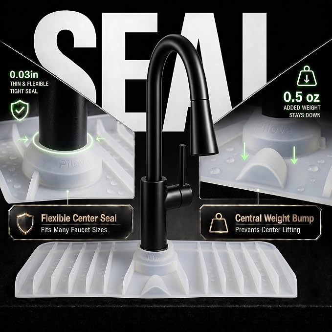 Premium Kitchen Sink Splash Guard – 16" x 5.7" Silicone Faucet Mat with Secure Pressure Clip, True 10° 3D Drainage(No Pooling), Anti-Lift Design, Flexible Leak-Sealing Ring, Non-Slip Fit Behind Faucet