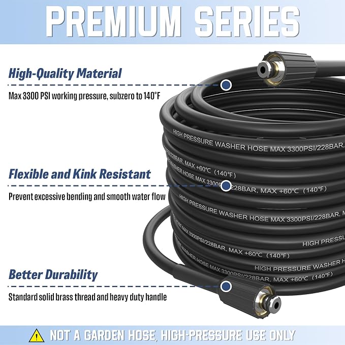 PVC Pressure Washer Hose 50 FT x 1/4", Kink Resistant Power Washer Hose, High Pressure Water Hose Extension Replacement for Home Use with M22-14mm Brass Fittings, 3300 PSI, Black