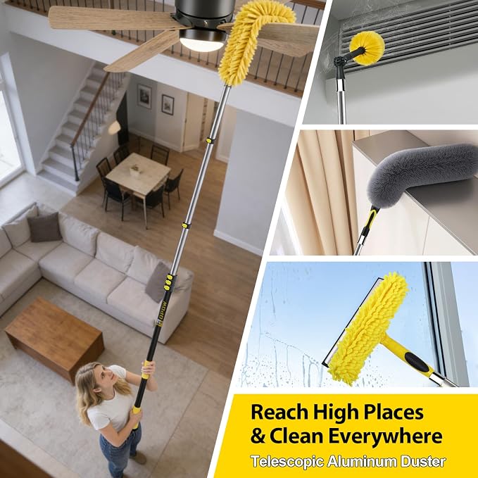 30 Foot High Ceiling Duster Kits with 4.7-24ft Heavy Duty Extension Pole | High Reach Duster for Cleaning,Microfiber Feather Duster,Cobweb Duster,Ceiling Fan Duster,Window Squeegee & Cleaner