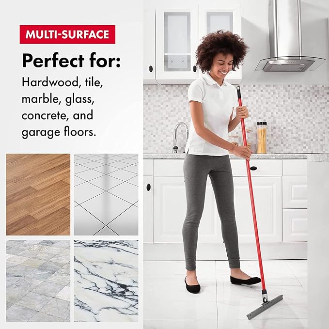 Heavy Duty Floor Squeegee for Concrete and Tile Floor - Silicone Squeegee Broom Floor Scrubber - Large Single Cast Rubber Blade Aluminum Long Handle 360° Swivel Joint - Garage Shower Window Cleaning