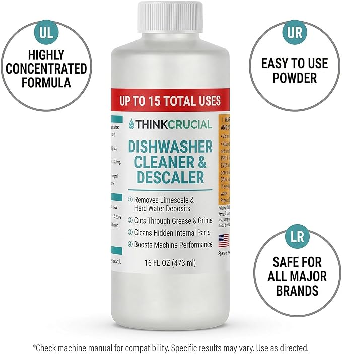 Think Crucial Dishwasher Cleaner & Descaler, 15 Uses, 75% Savings Per Use – 32% Citric Acid Liquid Concentrate – Whirlpool, Bosch, KitchenAid, Samsung, LG – 16 FL OZ