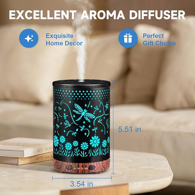 Essential Oil Diffuser 120ML Metal Aromatherapy Diffuser with Timer, Cool Mist Humidifier with Auto Shut-Off & 7 Color Lights for Home Office Spa (Dragonfly)