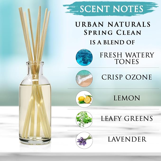 Reed Diffuser Set, Spring Clean - Bathroom Shelf Décor | Fresh, Crisp Fragrance of Lemon, Leafy Greens & Lavender, Essential Oil Room Scent Infuser with Reed Sticks, Made in the USA