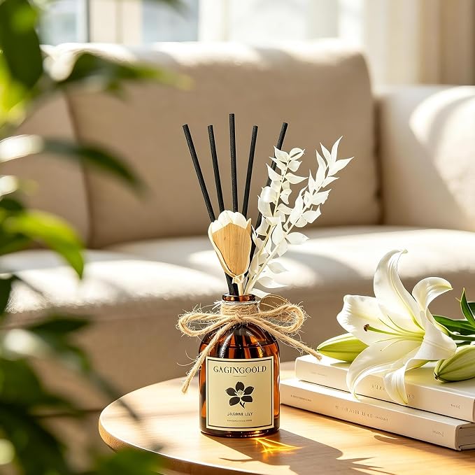Reed Diffuser Set, Lavender Scent Diffuser with 10 Sticks & Decorative Flower, Long Lasting Diffusers for Home Fragrance, Vintage Decor for Bathroom Bedroom Office Shelf, 5 Fl.oz
