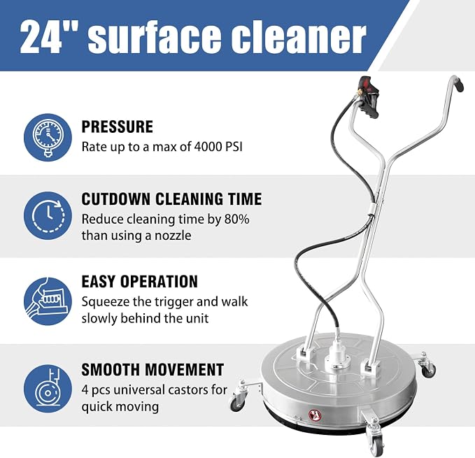 JANZ 24'' Pressure Washer Surface Cleaner with Dual Handle | with 4 Wheels,Stainless Steel Housing,4 Replacement Nozzles and 2 Hose Adapters, for Driveways, Sidewalks Cleaning