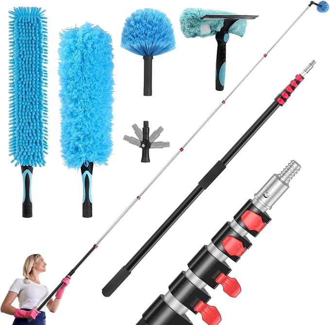 Ceiling Fan Duster Kit with 24 FT Telescoping Pole – 6-Piece Set – Screw-On Cobweb Duster & Squeegee Heads – Washable Bendable – 3/4" Universal Fit – House Cleaning Kit, Blue