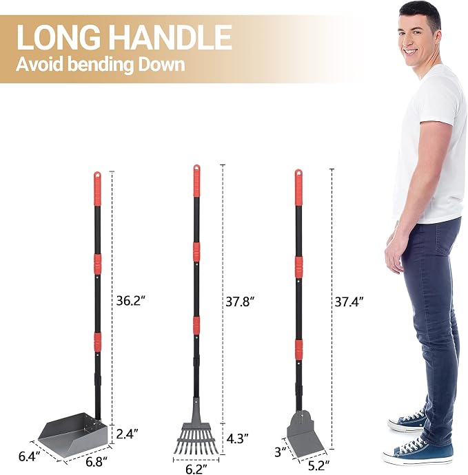 Dog Pooper Scooper, Dog Poop Tray and Rake Set with Long Stainless Handles | Pet Waste Removal Scoop with Adjustable Sectional Handles