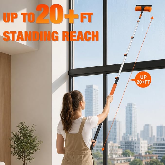 26FT Window Squeegee with Extension Pole, 2-in-1 Squeegee for Window Cleaning, Professional Cleaning Kit for Home with 20FT Telescoping Pole for Outdoor Indoor Use