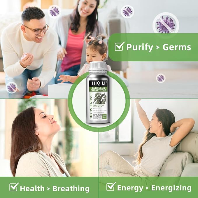 HIQILI Eucalyptus Essential Oil for Spray, Diffuser & Skin | with Two Travel Vials, Diffuse for a Crisp, Airy Atmosphere, DIY Blends and Body Massage —500ml / 16 fl oz
