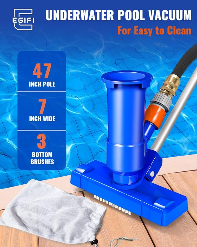 Portable Pool Vacuum for Above Ground/Inground Pool, Pool Cleaner Vacuum with 3 Scrub Brushes, Pool Leaf Vacuum & Nylon Mesh Net, Pool Cleaners for Swimming Spa Fountain Pond Hot Tub, Pure Blue