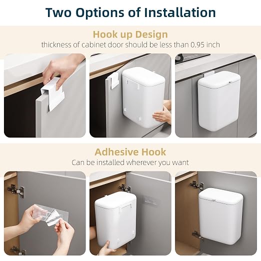 MUEE Hanging Trash Can with Lid for Kitchen, Garbage Can 1.8 Gal/6.8L | Food Waste Bin for Counter Top or Under Sink, Mountable Garbage Can for Cupboard/Bathroom/Bedroom/Office/RV, Matte White