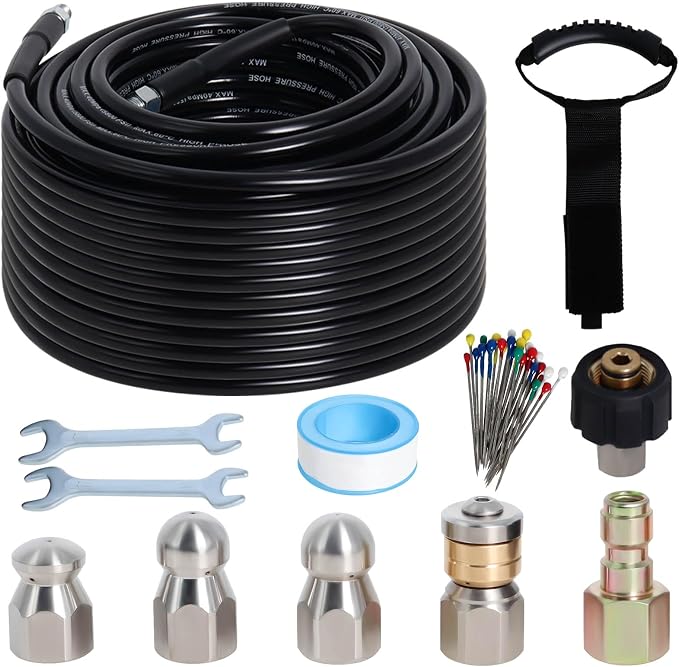 100FT Sewer Jetter Kit for Pressure Washer 5800PSI Drain Cleaner | 1/4" NPT Sewer Hose with 4 Jetting Nozzles, Handle Strap and Tools for Pressure Washer Drain Cleaning