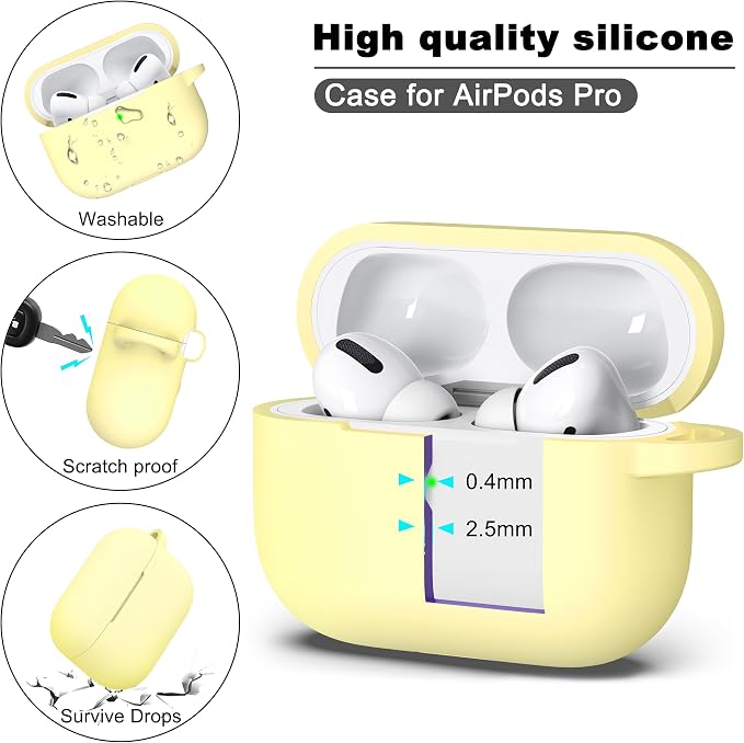 R-fun for AirPods Pro 2 Case, Soft Silicone Protective Cover with Keychain and Cleaning Pen, Compatible with AirPods Pro 2nd/1st Generation, Supports Wireless Charging, Cream Yellow