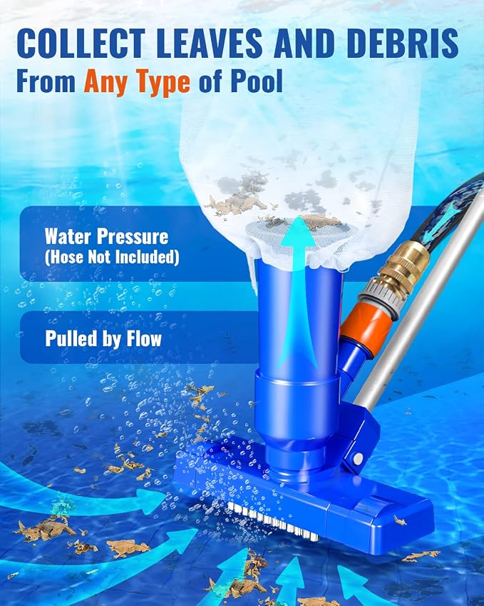 Portable Pool Vacuum for Above Ground/Inground Pool, Pool Cleaner Vacuum with 3 Scrub Brushes, Pool Leaf Vacuum & Nylon Mesh Net, Pool Cleaners for Swimming Spa Fountain Pond Hot Tub, Pure Blue