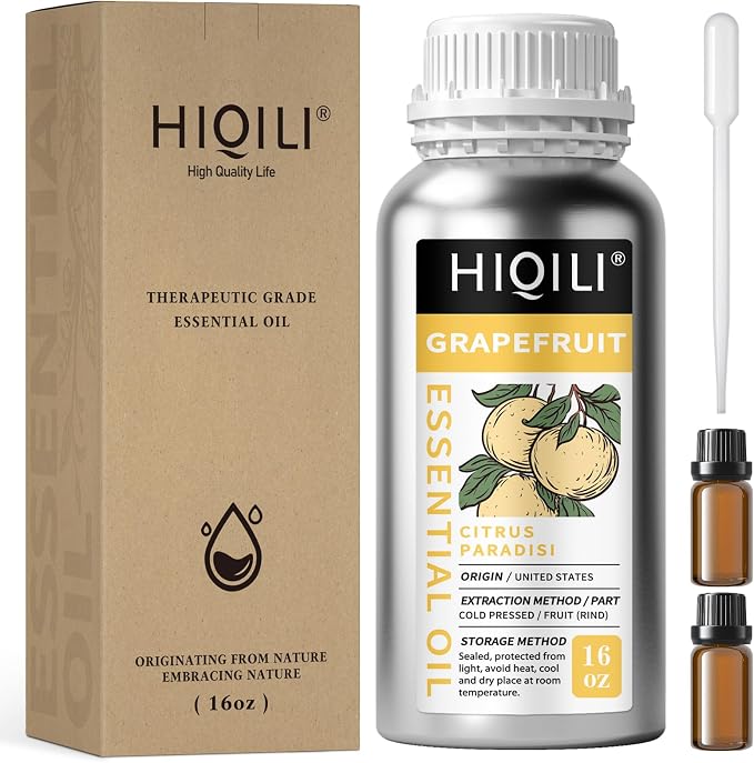 HIQILI Grapefruit Essential Oil for Skin Care, Diffuser & DIY | Large Bottle with Two Travel-Size Vials for Custom Blending and Spa Massage, Refreshing Citrus Scent —500ml / 16 fl oz
