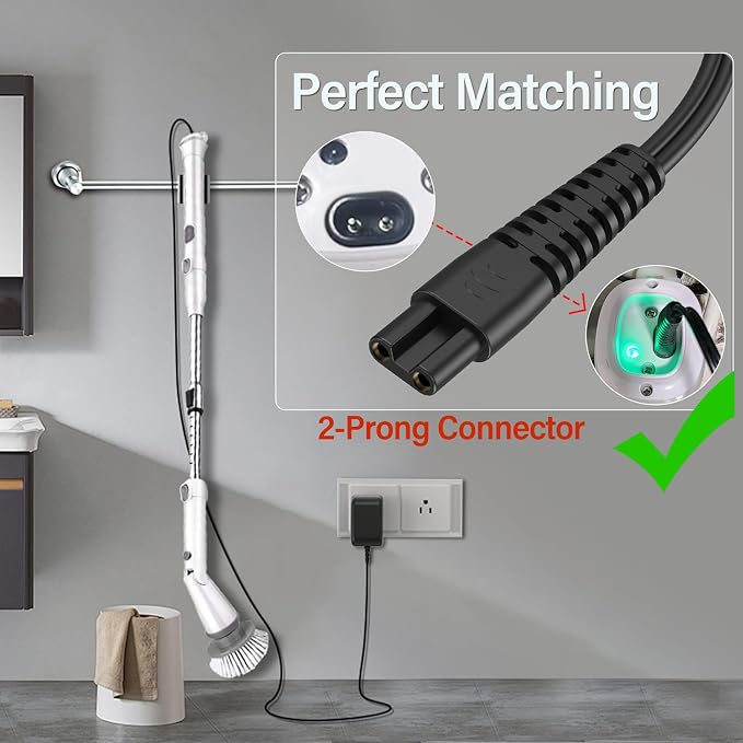 9V Scrubber Charger Fit for Homitt HM115C Electric Spin Scrubber | Power Cord AC Adapter Fit for Homitt Cordless Bathroom Scrubber HM204C HM115CD HM115CG HM115CW Cleaning Brush, 2 Prong