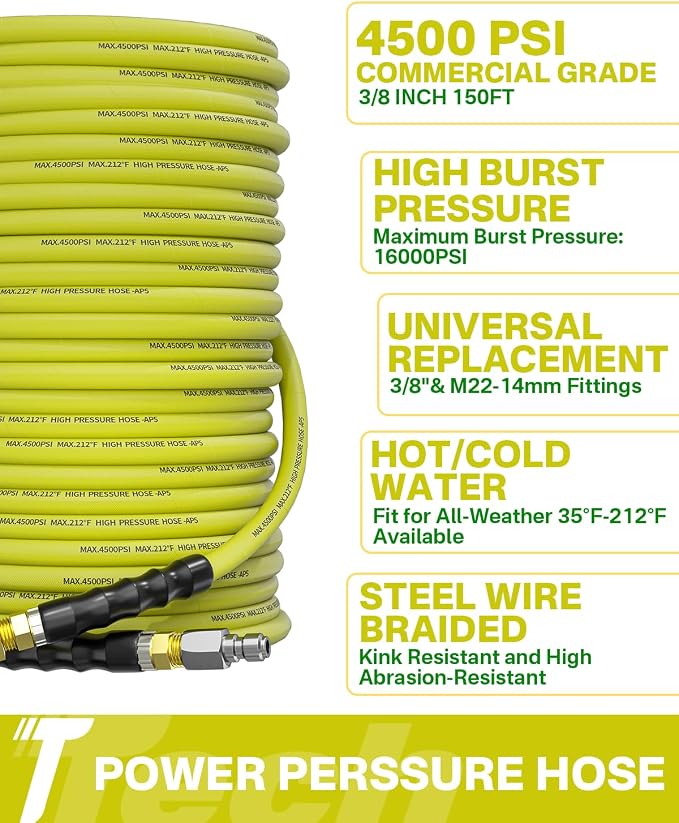 Pressure Washer Hose 150FT 3/8" for Cold and Hot Water 212°F, with Swivel Quick Connect, 4500PSI Kink Resistant Grade Steel Wire Braided, Power Washer Hose With 2pcs M22-14mm Adapter