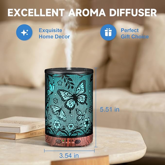Essential Oil Diffuser 120ML Metal Aromatherapy Diffuser with Timer, Cool Mist Humidifier with Auto Shut-Off & 7 Color Lights for Home Office Spa (Big Butterfly)