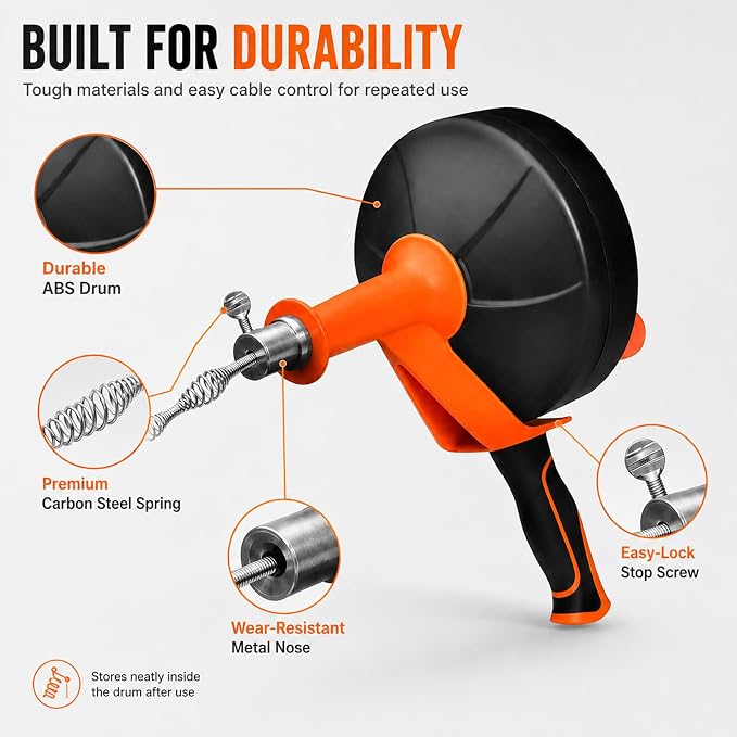 25FT Drain Auger with Drill Adapter, Durable Pipe-Safe Plumbing Snake, Auto-Retract Clog Remover for Kitchen Sink, Bathroom, Shower, Tub, Gloves Included