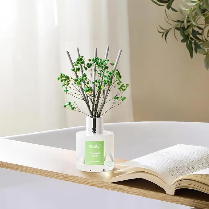 Reed Diffuser Set,3.38 fl oz (100 ml) - Cucumber Melon Oil Diffusers with 8 Reed Sticks, Home Fragrance Reed Diffuser for Bathroom Shelf Decor