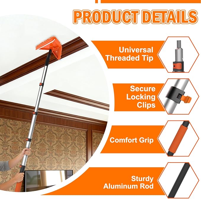 LAANPOLE 26FT Reach Dusters for Cleaning, Ceiling Fan Cleaner Duster with Extension Pole, Wall and Baseboard Cleaner Mop with Handle for Window Cobweb Fan Blade and High Ceiling